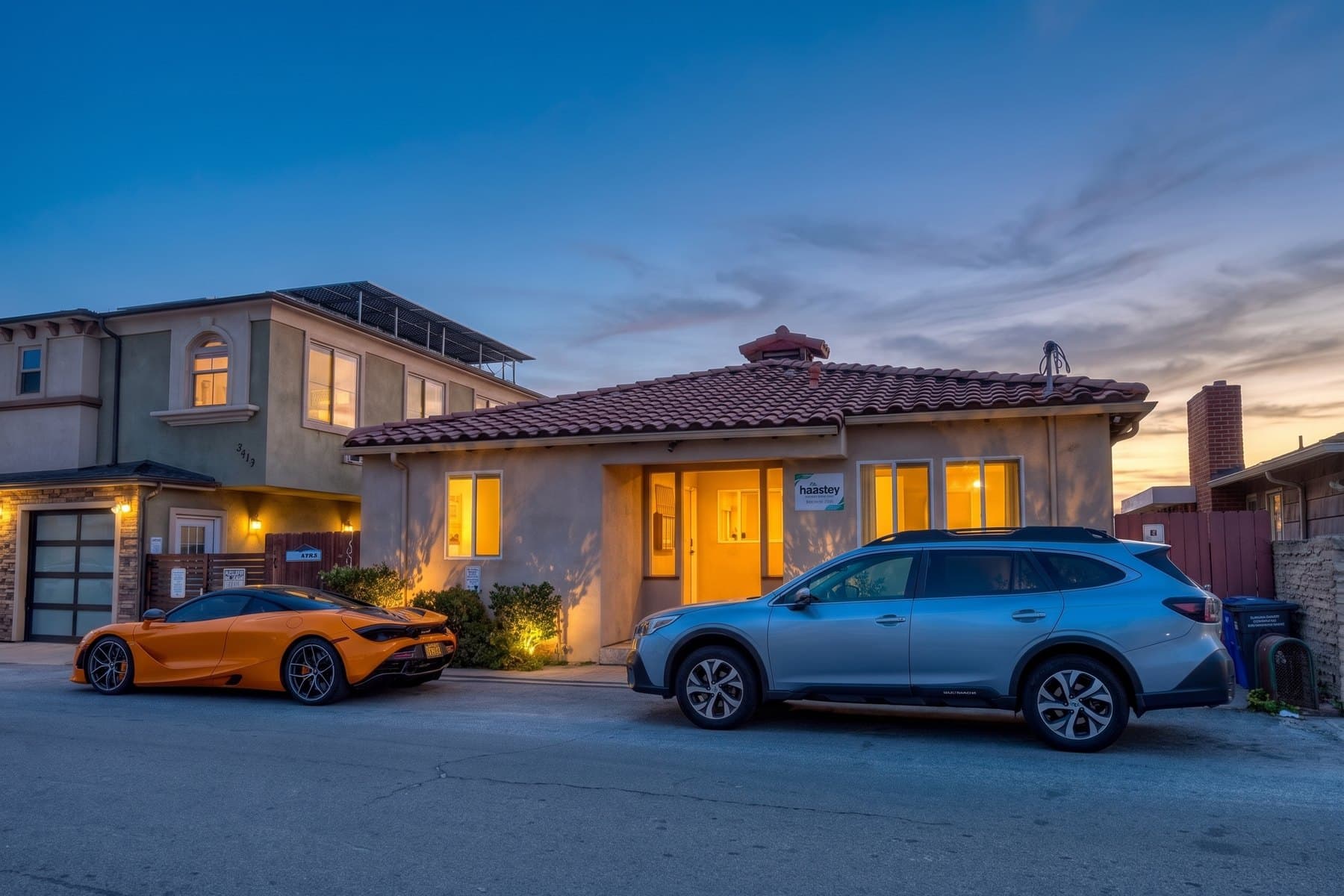 Carlsbad home: daytime photo and its virtual twilight version — Twilight