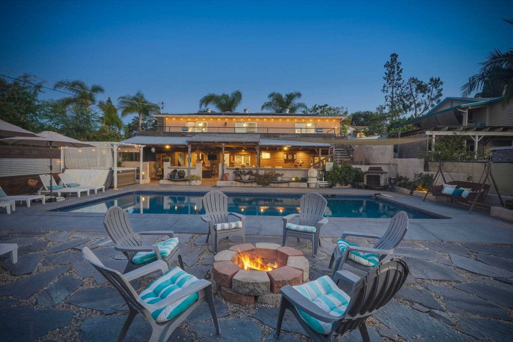 Pool and fire pit at twilight in Escondido