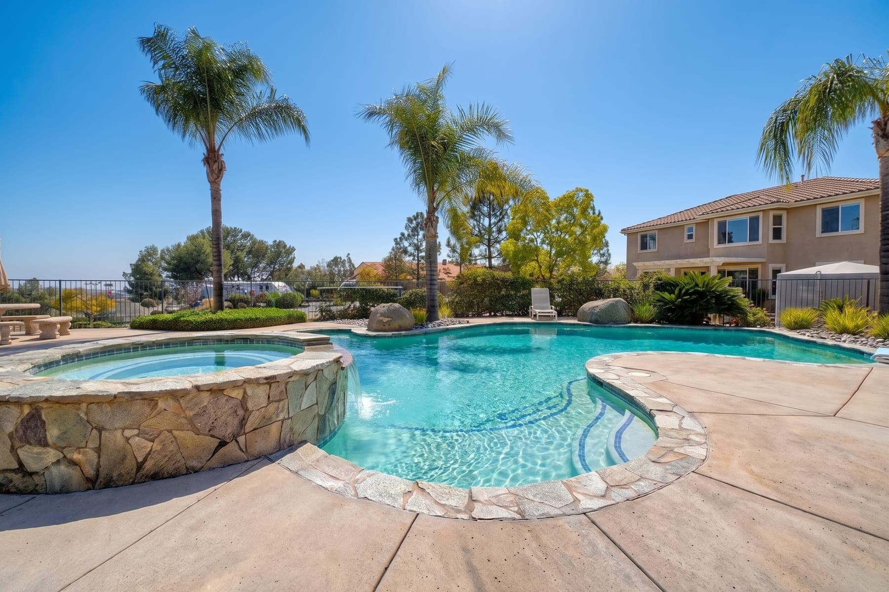 Alpine backyard pool and spa converted from a daytime photo to a virtual twilight image — Daytime
