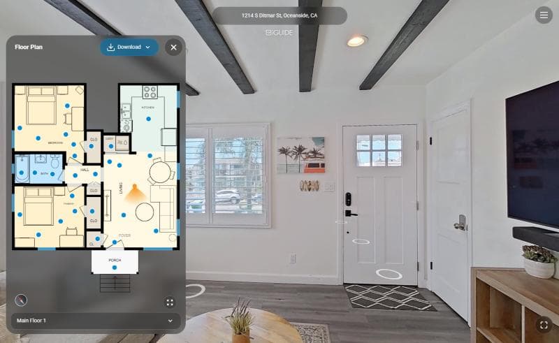 iGUIDE 3D tour of an Oceanside cottage beside its measured floor plan